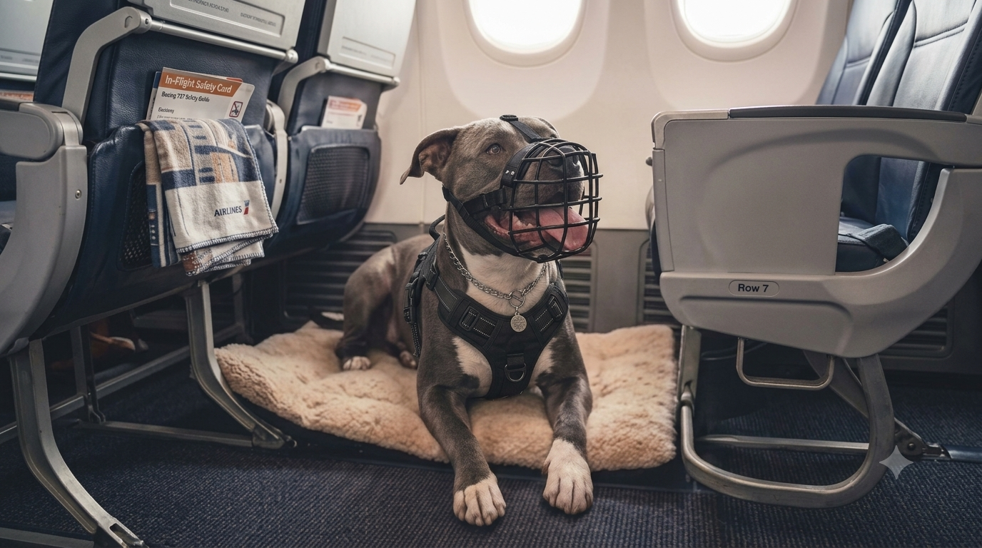 Shadow con museruola a bordo di un aereo, pronto al volo